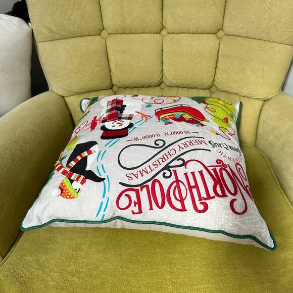 Pier 1 Imports Christmas Lights North Pole Snowman Elf Penguin Pillow 17" x 17" - Picture 8 of 11